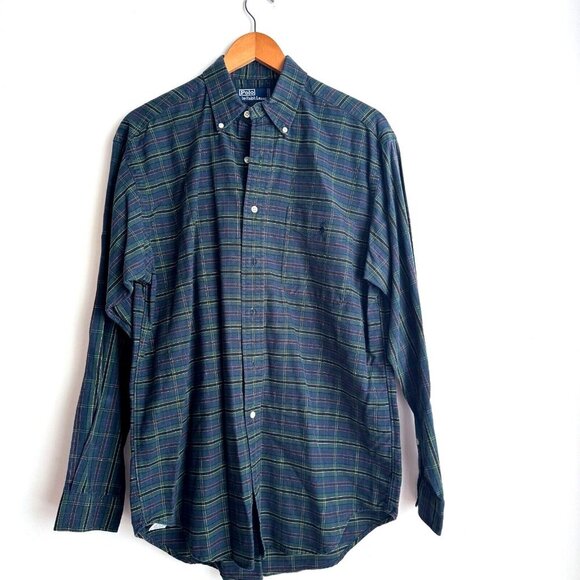 Vintage Polo Ralph Lauren Green Blue Plaid Logo Button Down Shirt M - Picture 1 of 8